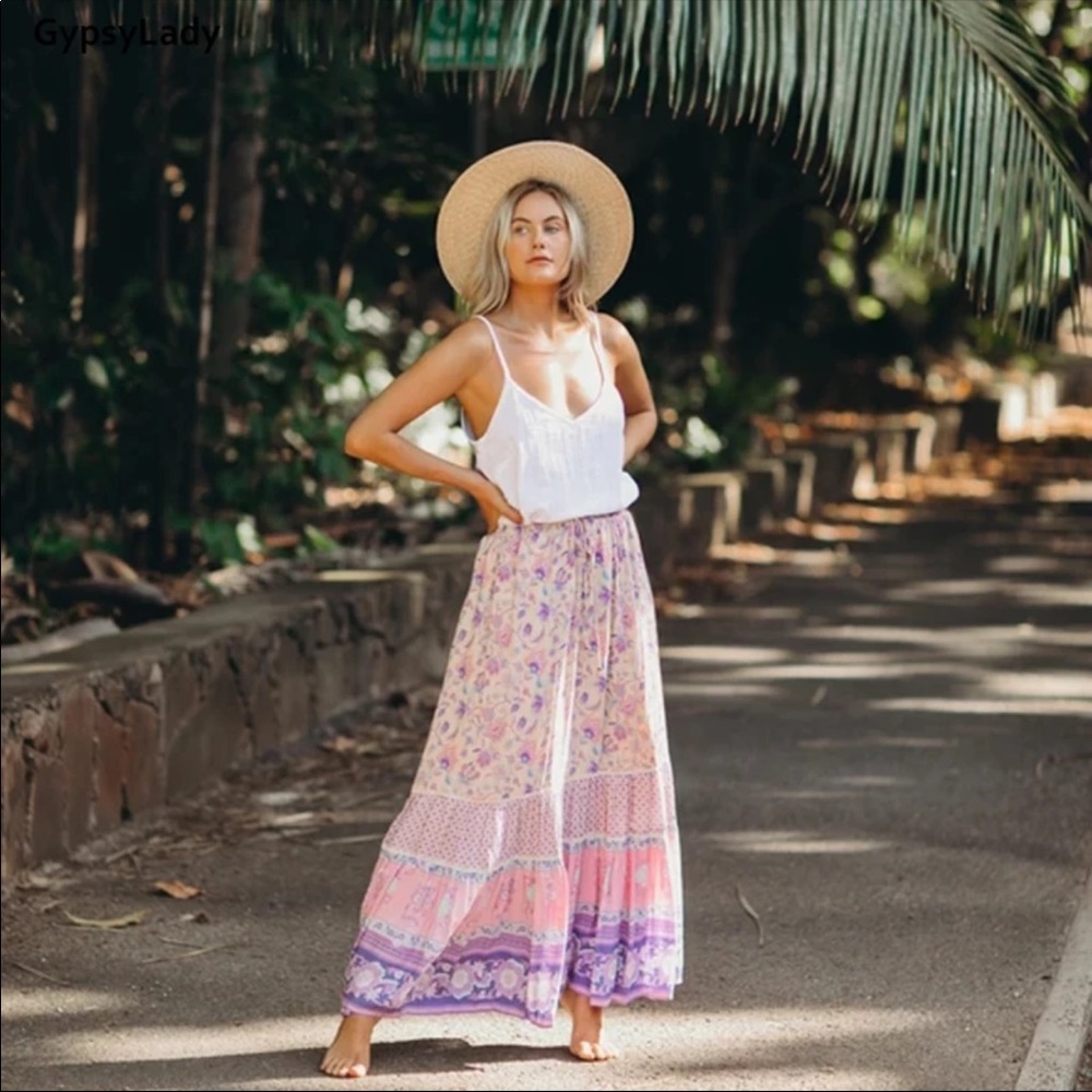 Boho Gypsy Floral Print Maxi Skirt Purple Pink - Picture 5 of 12